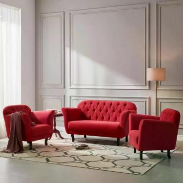 Imagem de Kit Namoradeira + 2 Poltronas Decorativa Dália Couro Vermelho Pés Made