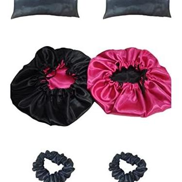 Imagem de 2 fronhas 2 touca dupla face 2 xuxinha kit de cetim preto com pink