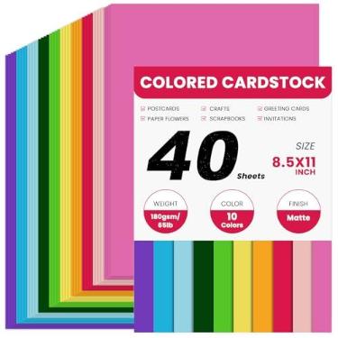 Imagem de Cartão colorido com 40 folhas, 180 gsm/29,5 kg, 10 cores, 2,5 x 29,5 cm, papel de cartão impresso dupla face para scrapbook, escola, escritório, artesanato, faça você mesmo