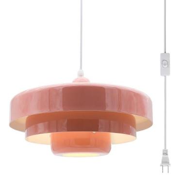 Imagem de DoungRos Candeeiro de pendurar rosa plug in luz pendente moderna meados do século luminária pingente estilo nórdico luminária pendente sombra de metal para sala de estar, sala de jantar, quarto