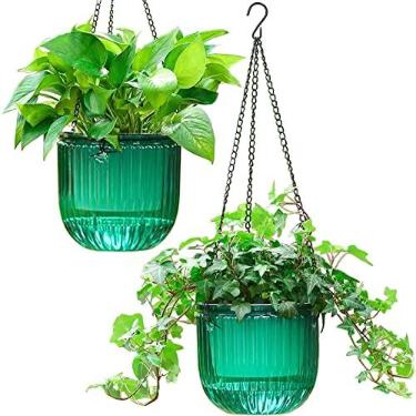 Imagem de Melphoe Pacote com 2 vasos de flores para ambientes internos, cesta suspensa ao ar livre de 16,5 cm, cabide de plantas com 3 ganchos orifícios de drenagem para jardim e casa (Emeralda)
