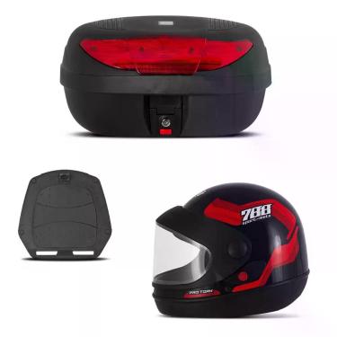Imagem de Baú 45 Litros Pro Tork + Capacete Sport Moto 788, VERMELHO, 56