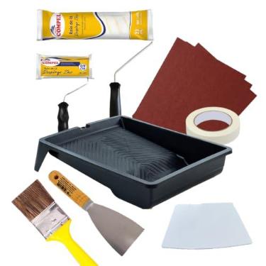 Imagem de Kit Pintura Parede Completo Rolo Sem Respingo 7 Peças + Lixa + Fita Crepe