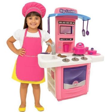 Imagem de Big Cozinha Infantil Rosa Educativa + Kit Avental Infantil Chef - Full