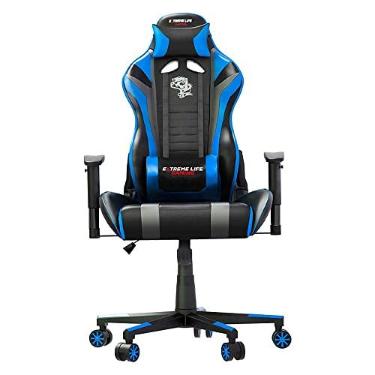 Imagem de ELG, CH05BKBL, Cadeira Gamer Black Hawk c/Apoio Cervical, Encosto Reclinável, Apoio de Braços, Ajuste de Altura, Inclina 180°, Suporta até 150kg, Preto/Azul