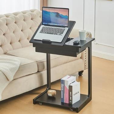 Imagem de Mesa de canto de madeira para sofá – Mesa lateral rolante em forma de C com rodas para armazenamento de gaveta, bandeja de TV moderna de madeira para sofá, poltrona, sala de estar, quarto, preto, 39 x