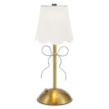 Imagem de Candeeiro de mesa sem fio com laço, luminária de mesa pequena recarregável com abajur de tecido, luminária de arco de 3 cores, lâmpadas de toque para mesa de cabeceira, luz noturna de LED para quartos