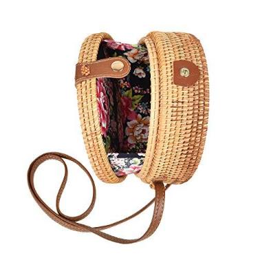 Imagem de YUNNO Bolsa redonda de vime tecida à mão, estilo praia tropical, bolsa de vime com alça de couro