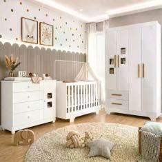 Quarto de Bebê com Berço Mini Cama, Cômoda 1 Porta 4 Gavetas e Roupeir