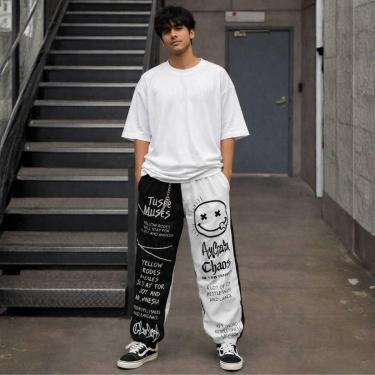 Imagem de Calça Masculina Grafite Moda de Rua Bicolor Estilosa Cor:Preto e Branc