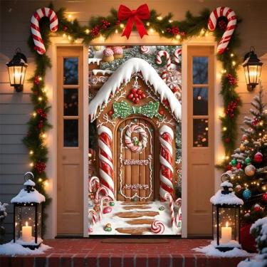 Imagem de Decorações de Natal Banner de Feliz Natal Sinal de Porta de Varanda para Suprimentos de Decorações de Festa de Inverno (Hansel e Gretel, 70,8 x 35,4 polegadas)