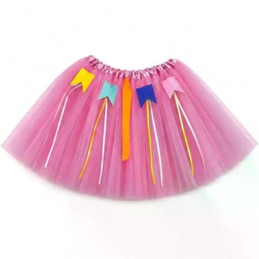 Imagem de Saia Junina Infantil de Tule com Bandeirinhas e Fitas 30CM Rosa Claro Extra Festas