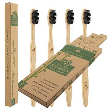 Imagem de Zeek's Naturals LLC Escovas de dentes de carvão de bambu ecológicas biodegradáveis - pacote com 4 - numeradas - cerdas com infusão de carvão