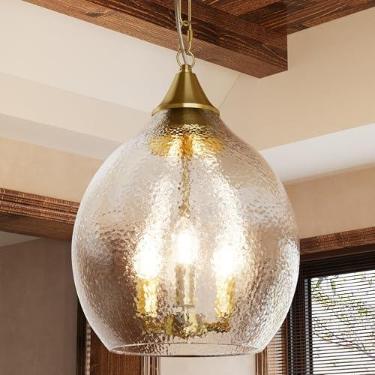 Imagem de TOCHIC Luminárias pendentes de vidro, 3 luzes modernas de fazenda com pingente de cozinha sobre ilha, lustre dourado grande de vidro martelado de 33,8 cm D para quarto, sala de estar, sala de jantar