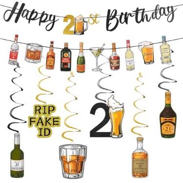 Imagem de Hahafelt Decorações de aniversário de 21 anos, champanhe, garrafa de vinho, faixa de martini, espirais, glitter, feliz aniversário de 21 anos, decoração de festa feliz aniversário de 21 anos para