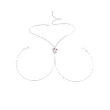 Imagem de Sutiã sexy com corrente de mamilo, pingente de coração de strass vermelho, colar gargantilha para mulheres, sem piercing ajustável, anel de mamilo falso, boate, biquíni, festival, festa rave, lingerie