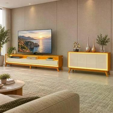 Imagem de Conjunto Rack + Buffet Requinte 260CM com LED Naturale-Off White Gelius Móveis
