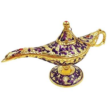 Imagem de Hourwof Lâmpada Gênio Aladdin Vintage Legend Aladdin Lâmpada Mágica Desejando Luz Fantasia Arábica Adereços Festa Decoração Mesa de Casamento Presente de Aniversário, Grande Roxo