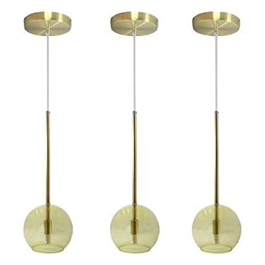 Imagem de Iluminar Ambiente Kit 3 Pendente Lux Globo Âmbar Vidro Dourado + Led