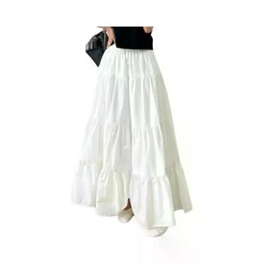 Imagem de Saia Maxi Feminina De Cintura Elástica Em Cor Sólida, Estilo A-line, C