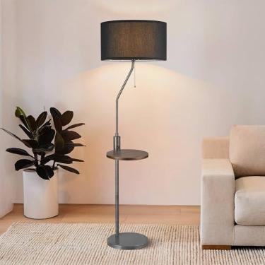 Imagem de ELYONA Luminária De Chão De Mesa Em Formato De C Com Portas De Carregamento Usb A+C, Mesa Lateral De Madeira, Luz De Leitura Moderna, Abajur De Linho Preto, Luminária De Pé Alta De Fazenda Para Sala
