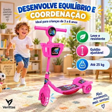 Imagem de Patinete Infantil 3 Rodas VERITTAS com Cesta Luzes LED e Som Estabilid