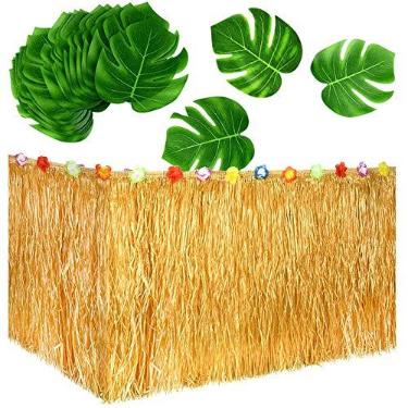 Imagem de Jackcell Saia de mesa Luau Grass de 2,7 m para festa havaiana, tema Moana, festa de aniversário tropical, suprimentos para decoração de chá de bebê, saia de mesa artificial com 12 peças de folhas de