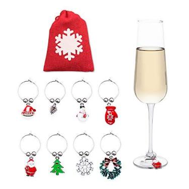 Imagem de Cork & Leaf Berloques de taça de vinho e champanhe – Pingentes de vinho natalinos, presentes para bebedouro de vinho – Etiquetas de taça de vinho, marcadores de bebida para coquetel – Conjunto de 8 anéis com um saco de armazenamento vermelho