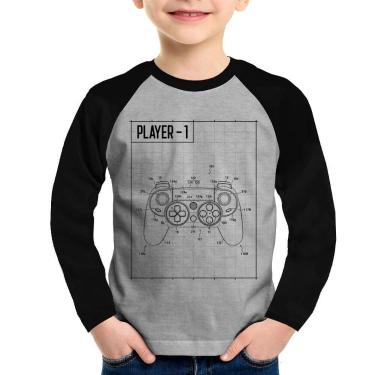 Imagem de Camiseta Raglan Infantil Player 1 Controle Joystick Manga Longa - Foca
