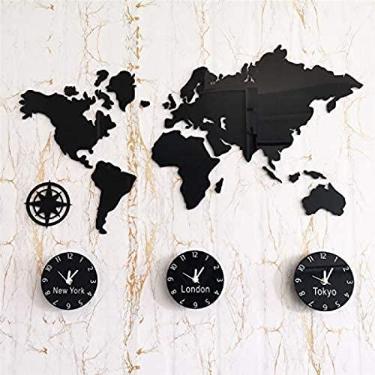 Imagem de Relógio Criativo De Vários Fusos Horários, Relógio De Parede De Mapa Do Mundo 3D Grande, Relógio De Parede De Escritório Em Casa Preto, Decoração De Parede Minimalista Nórdica 31.4x22in