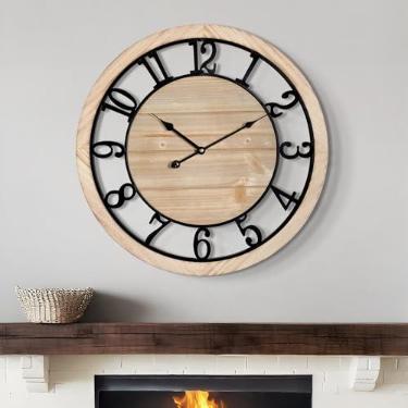 Imagem de LEIKE Relógio de parede grande de 50 cm - Relógio de parede silencioso de madeira rústica sem tique-taque com moldura de metal preto, decorativo vintage de fazenda para sala de estar, quarto, cozinha