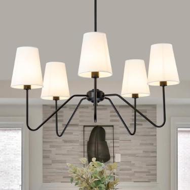 Imagem de FIYUEOYI Lustre Moderno De 5 Luzes Com Abajures Brancos, Luminária Pendente Elegante Com Lustre Preto Para Sala De Estar, Sala De Jantar, Quarto, Corredor, Entrada, Altura Ajustável