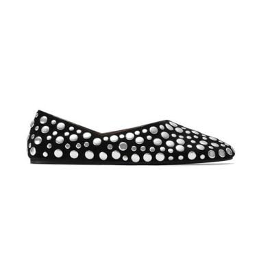 Imagem de OMLISHZTY Sapatilhas femininas de camurça cravejadas, bico redondo, sem cadarço, de couro, confortável, casual, caminhada, Camurça preta, 40