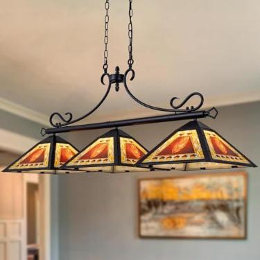 Imagem de TOCHIC Luz de mesa de bilhar vintage, luminárias rústicas de bilhar de 3 luzes com sombra de folha estilo Tiffany para mesas de 2,7 m, 2,7 m, lustres de fazenda de 125,7 cm para sala de jogos, porão