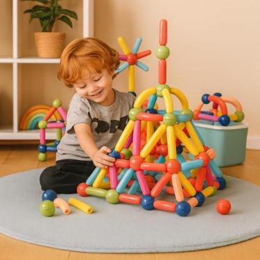 Imagem de Brinquedo Educativo Magnético Infantil Brastoy – 68 Peças Coloridas | Blocos de Montar e Construir com Bastões e Bolinhas | Estimula Criatividade e Coordenação | a partir de 3 Anos Montessori