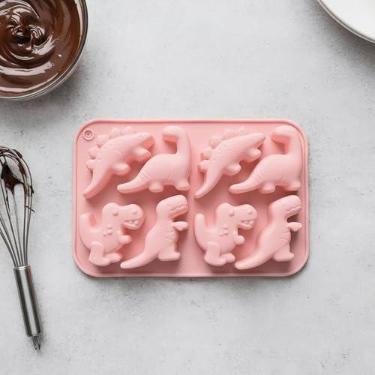 Imagem de Conjunto divertido de molde de cozimento de dinossauro com cavidades 8/12 para bolos faça você mesmo, chocolate, sobremesas, doces e projetos criativos de pastelaria (Rosa-8)