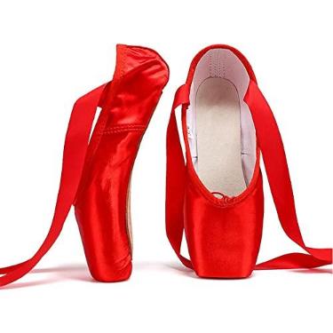 Imagem de TangDao Sapatilhas femininas profissionais de lona, bailarina, dança, dança, cetim, rosa, ponta de balé, sapatilhas, com fitas, Vermelho A, 12.5 Little Kid