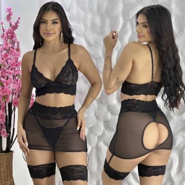 Imagem de Conjunto Lingerie Sensual Com Saia Cinta Liga Renda sexy Luxo  - like4