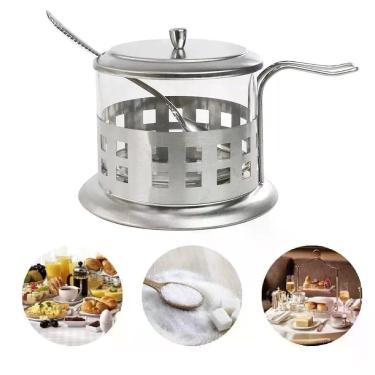 Imagem de Acucareiro Inox Vidro Prata Kit Completo Luxo Colher Tampa Removivel Porta Acucar Sal Pote Alca Cha Cafe