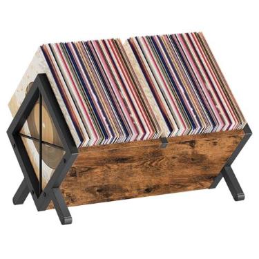 Imagem de YATINEY Suporte para discos de vinil, comporta 80-100 LPs, exibição de discos de vinil de madeira e metal, organizador de discos de montagem rápida para CDs, livros, álbuns, marrom rústico e preto