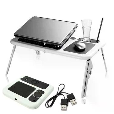 Imagem de Mesa para Notebook Dobrável com 2 Coolers Ajustável Base Refrigerada com Porta Copo Mouse E-Table