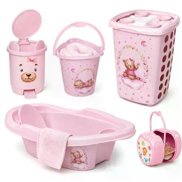 Imagem de Kit Banheiro Do Bebê Completo Ursa Rosa Infantil Banheira Cesto De Rou
