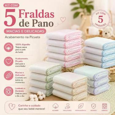 Imagem de kit 5 Fraldas de Pano Macias e Delicadas para seu bebê  Acabamento Pic