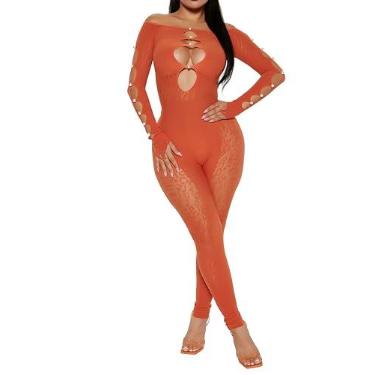 Imagem de SONHWIL Lingerie sexy feminina, macacão de malha transparente, meia arrastão de manga comprida, corte baixo, modelador tentação, Laranja, s-xl