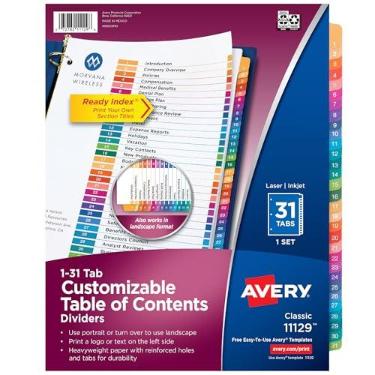 Imagem de Divisórias de 31 abas para fichário de 3 anéis Avery – índice personalizável, abas multicoloridas, 1 conjunto (11129)