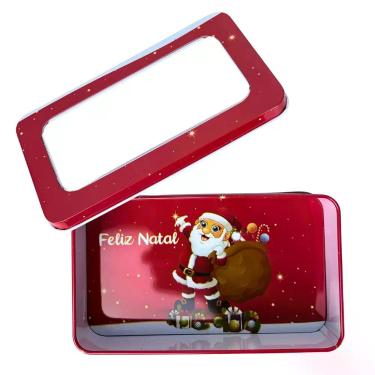 Imagem de Lata Natalina Retangular com Visor Feliz Natal Papai Noel Presente Dec