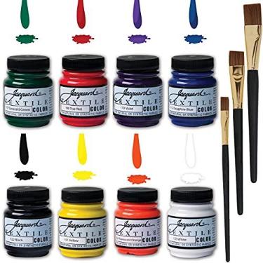 Imagem de Conjunto de 8 cores primárias e secundárias de tecido Jacquard de 63 g, tinta permanente para todas as superfícies para jeans, camisetas, sapatos, lona, couro, estofados, madeira e muito mais, com 3 pincéis de arte positivos