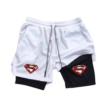 Imagem de Shorts De Treino Masculinos 2 Em 1 Com Estampa De Super-Herói, Bolso P