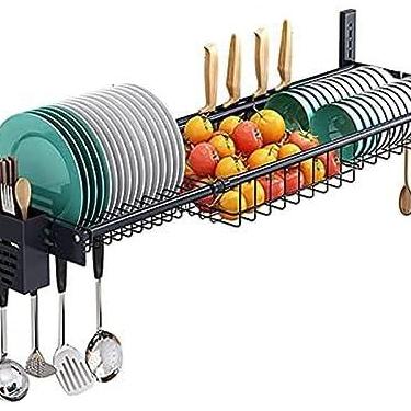 Imagem de Rack De Secagem De Pratos Ajustável Sobre A Pia, Escorredor De Pratos Preto Em Grande Capacidade, Rack De Secador De Pratos Montado Na Parede Com Suporte De Utensílio Suspenso Para Organizador De