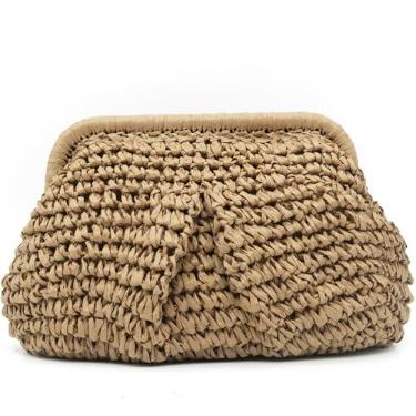 Imagem de Crbeqabe Bolsa clutch de palha para mulheres, bolsa de praia de verão para férias, bolsa de bolinho de massa de vime bolsa transversal, Caqui, Medium